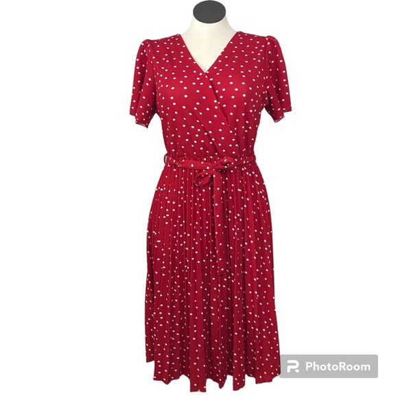 Lark + Grey Midi Dress Women’s Size L Color Red/White Pleated Skirt Polka Dot. - Picture 1 of 12